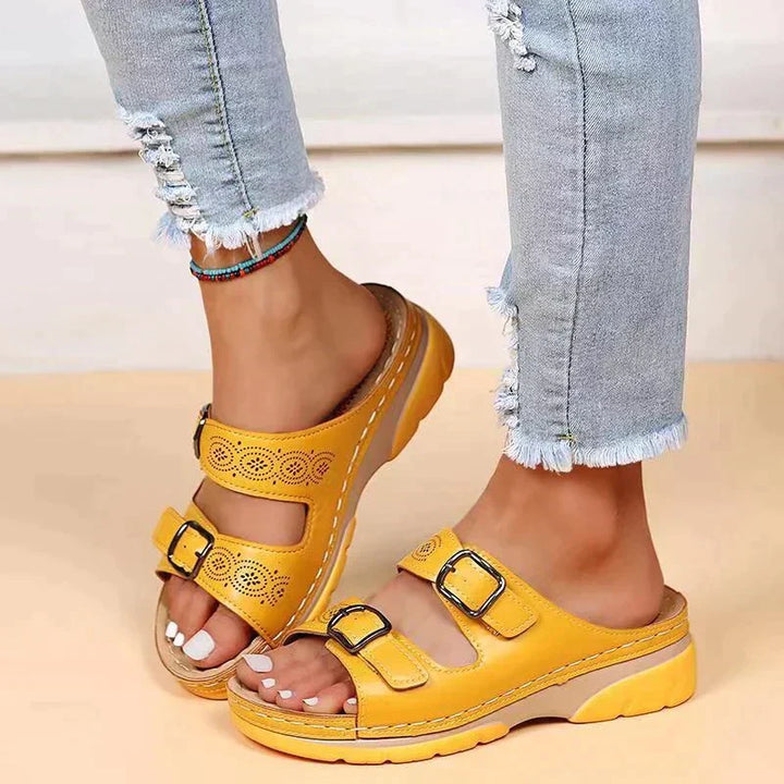 Elegant women's orthopedic wedge sandals Elena, featuring adjustable buckle for ultimate comfort & foot support.