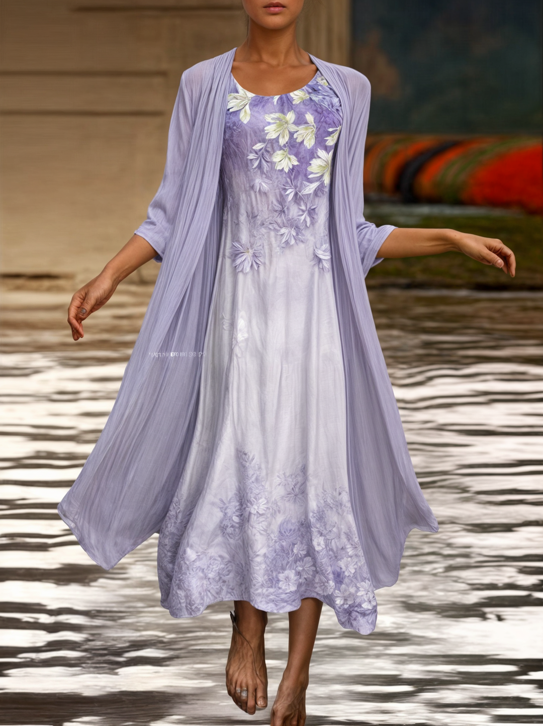 Women's short sleeve floral dress, A-line cut, Eliana collection, casual chic.