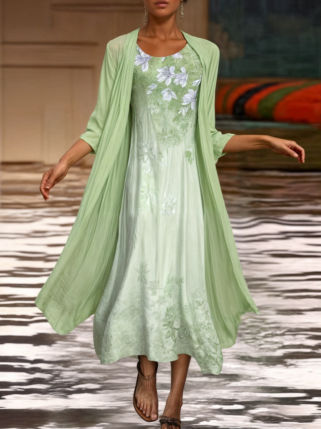 Beautiful Eliana floral A-line dress, short sleeve, round neck, romantic summer fashion.