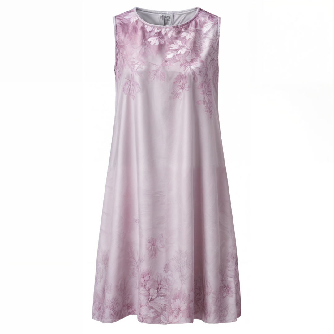Elegant women's floral knee-length dress with round neck, romantic style.