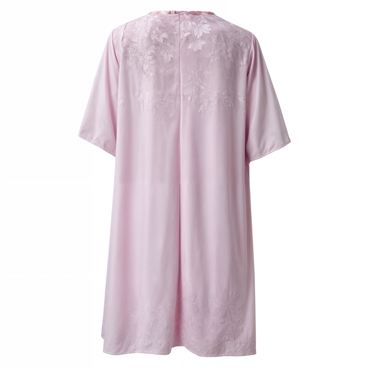 Romantic floral pattern on a women's A-line pullover dress, knee-length.