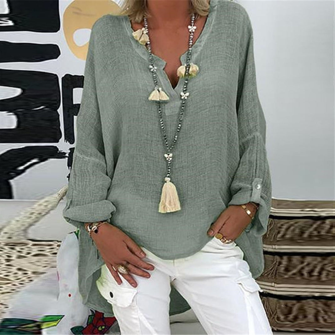 Women's Elodie linen blouse, elegant long sleeve top for versatile everyday comfort.