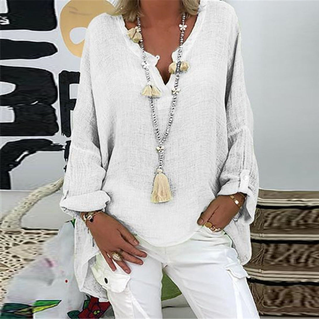 Versatile Elodie linen blouse, women's long sleeve top for elegant casual & everyday wear.
