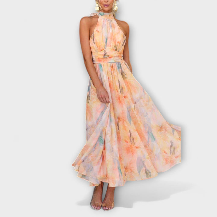 Stylish Elowen watercolor print maxi dress for women, a comfortable and airy summer occasion dress.