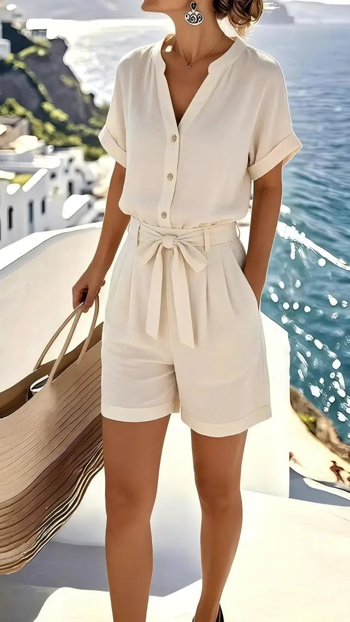 Women's Elowen tie-front romper, a sleeveless, lightweight playsuit perfect for casual summer days or vacation.