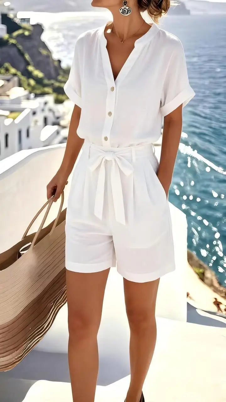 Relaxed fit women's Elowen tie-front romper, ideal for effortless summer style, casual wear, or beach vacation.