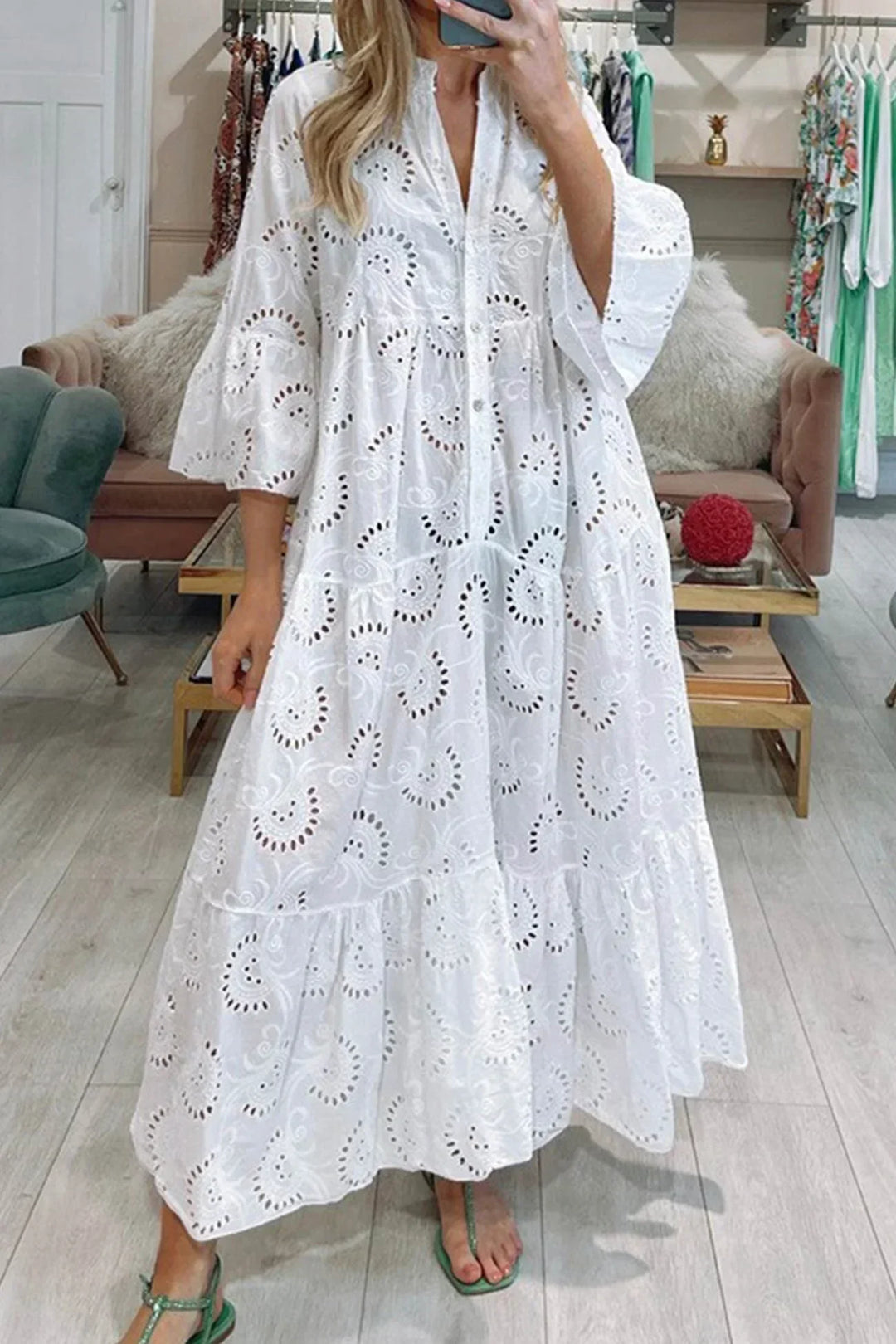 Women's embroidered boho flowy maxi dress, perfect for summer vacation and resort wear.