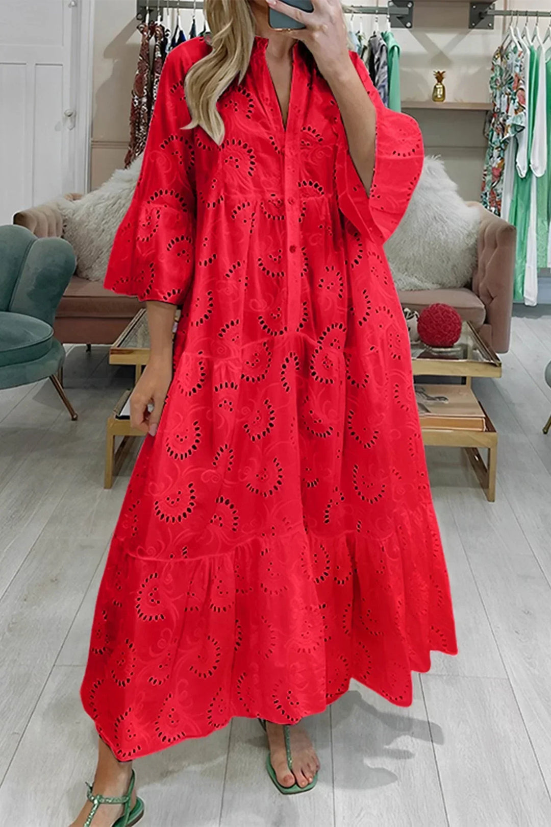 Bohemian style women's long embroidered maxi dress with flowy design, ideal for summer fashion.