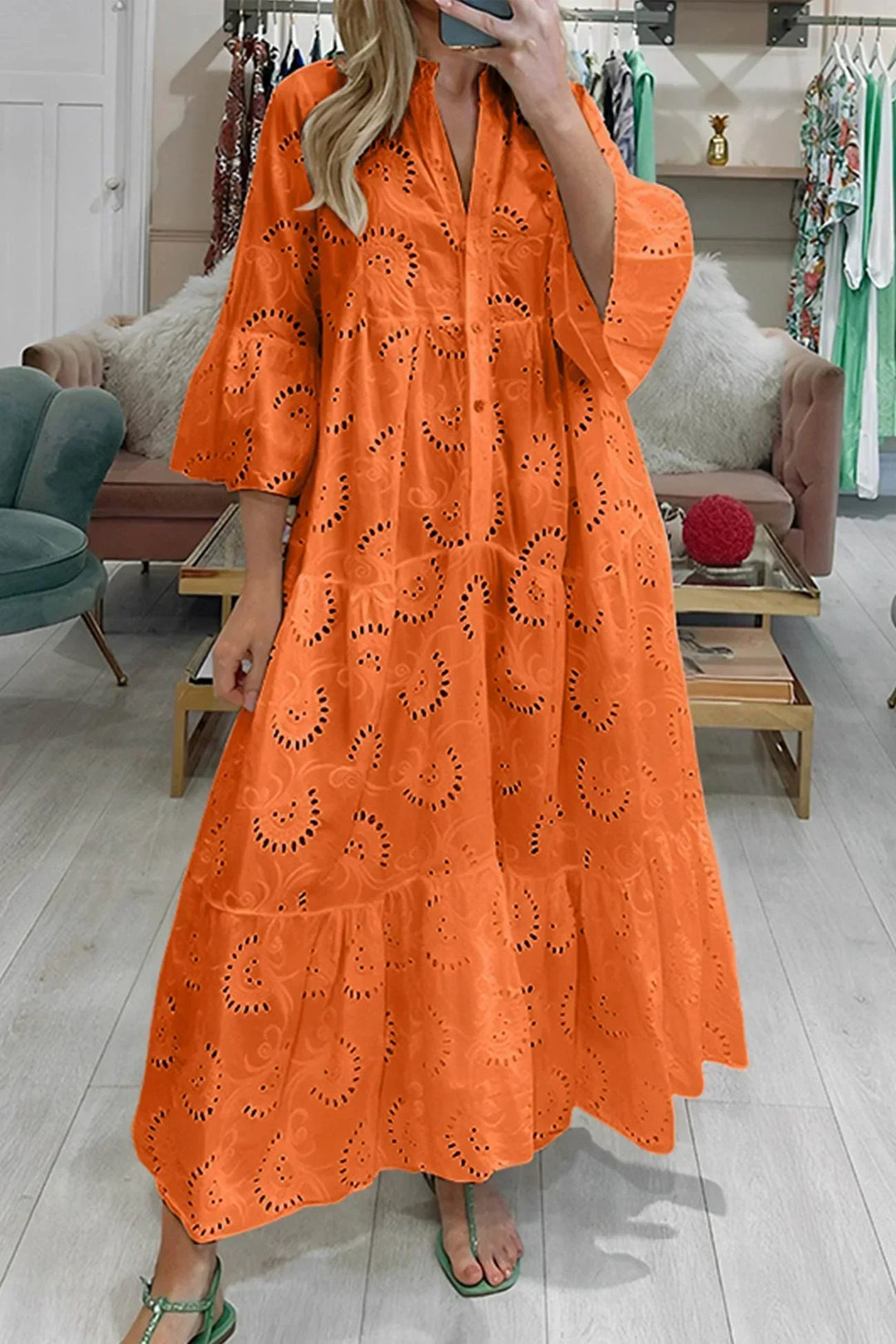 Flowy embroidered maxi dress for women, light fabric, great for beach vacations & bohemian look.
