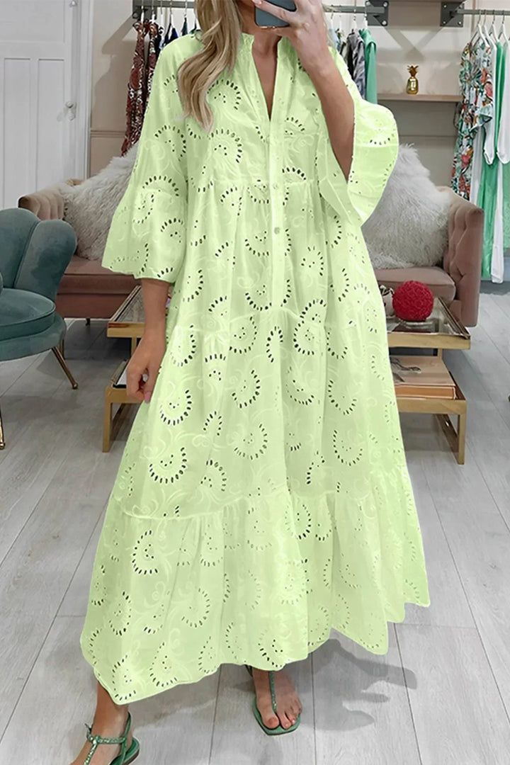 Long embroidered flowy maxi dress for women, featuring a beautiful bohemian design, summer essential.
