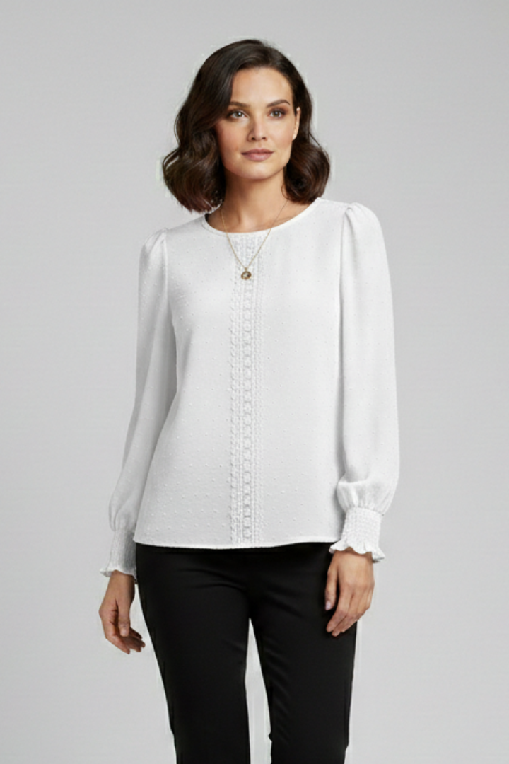 Chic fall fashion women's blouse featuring beautiful embroidery, round neck, and hip-length fit. Great for daily wear.