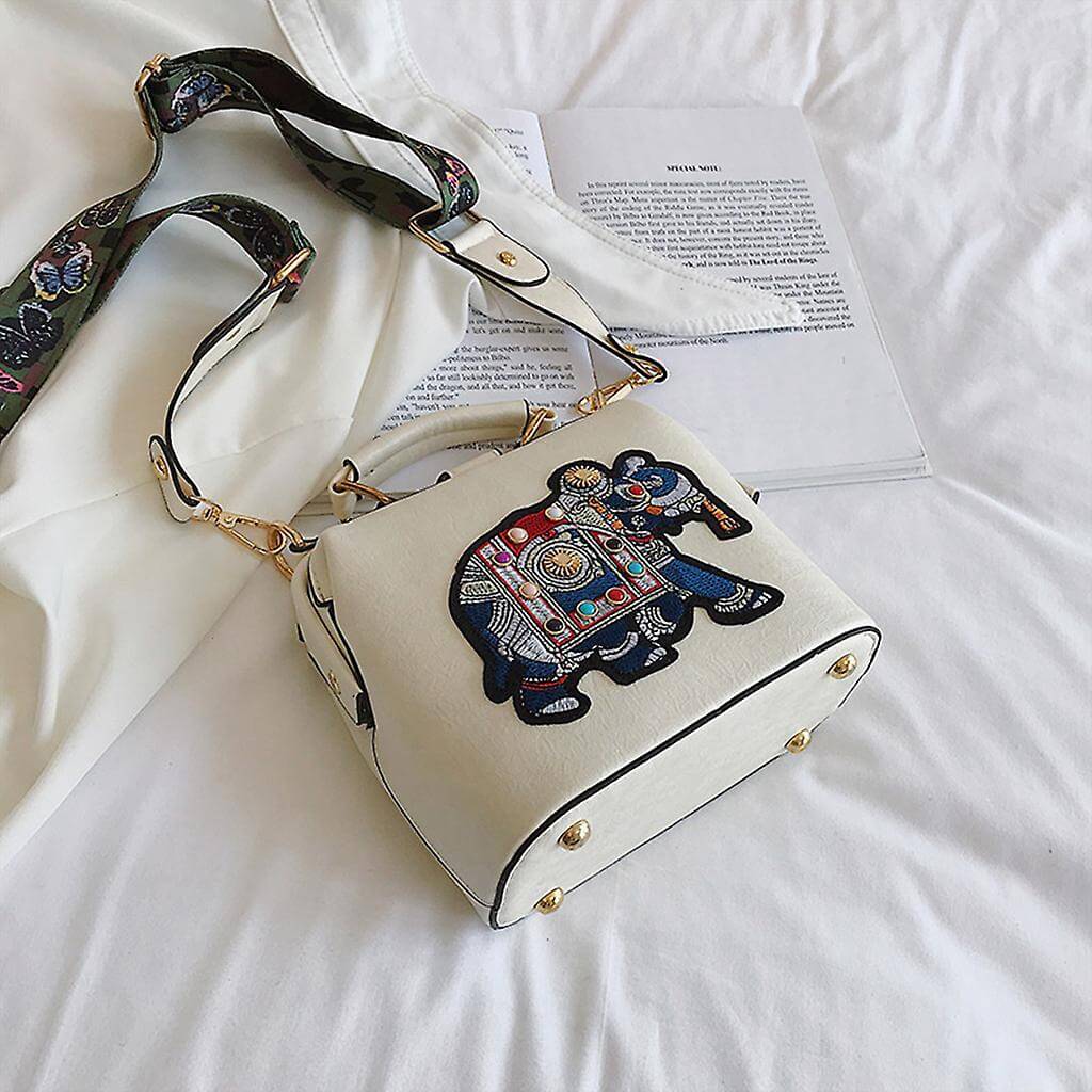 Multi-use women's bag, embroidered mandala design, lightweight cotton & secure hasp closure.