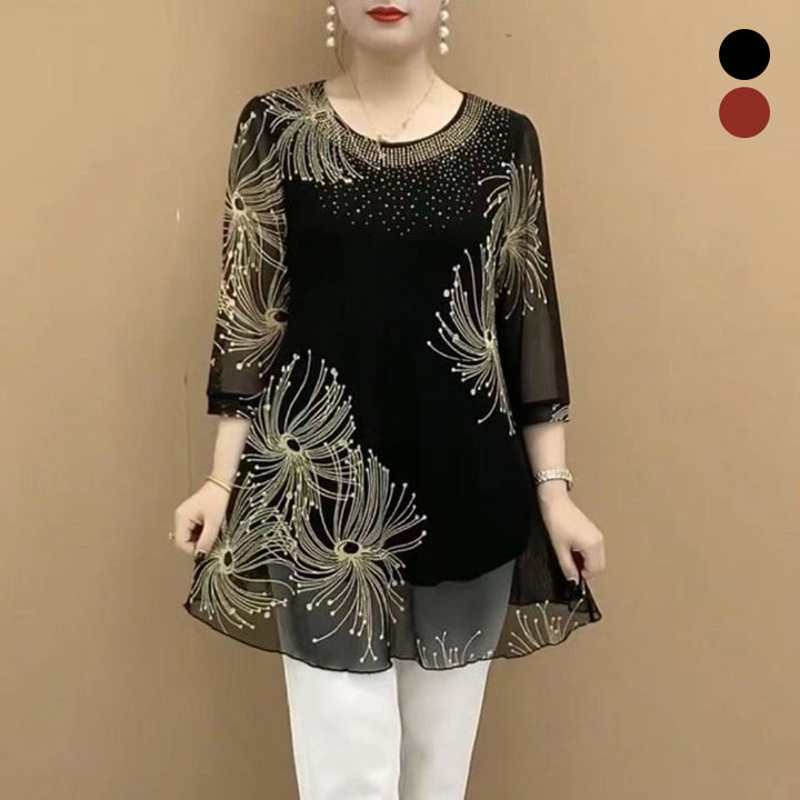 Women's embroidered mesh round neck t-shirt with delicate floral design, 3/4 sleeve