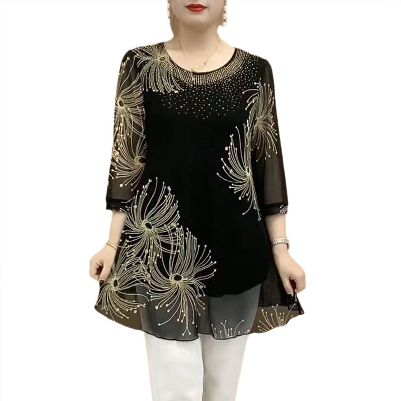 Group of women's embroidered mesh t-shirts in various colors, round neck, summer collection