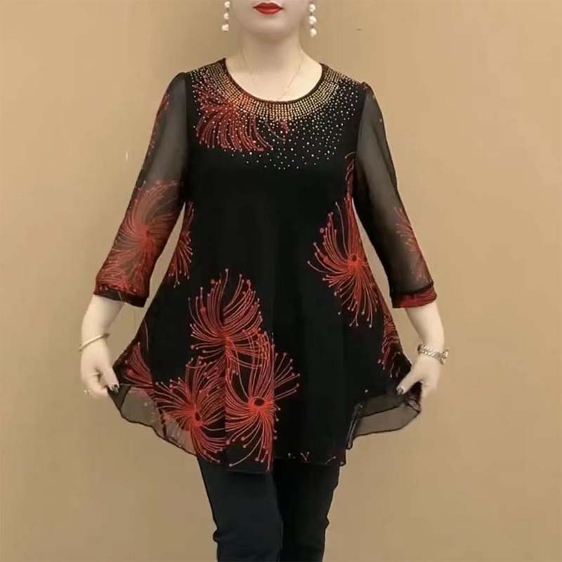 Stylish women's black mesh t-shirt, embroidered details, round neck, 3/4 sleeves