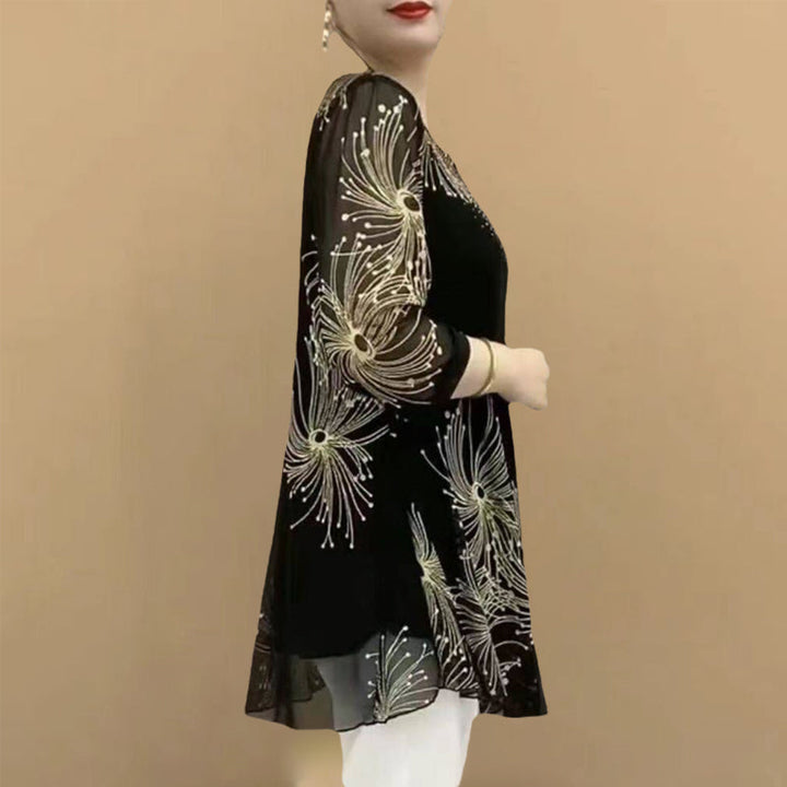 Back view of women's embroidered mesh t-shirt, round neck design, comfortable casual wear