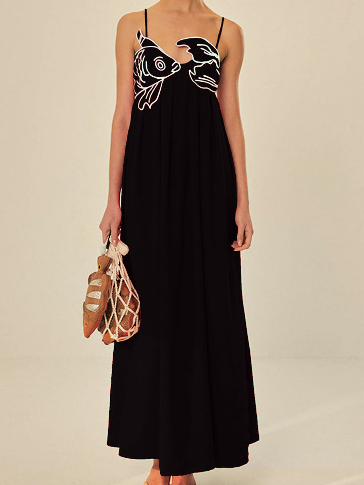 Boho chic women's red embroidered spaghetti strap maxi dress, perfect for resort or vacation wear.