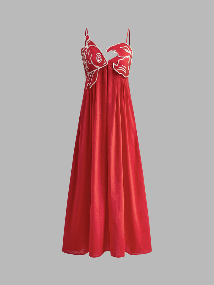 Elegant women's embroidered spaghetti strap maxi dress in a vibrant color, offering vacation boho chic.