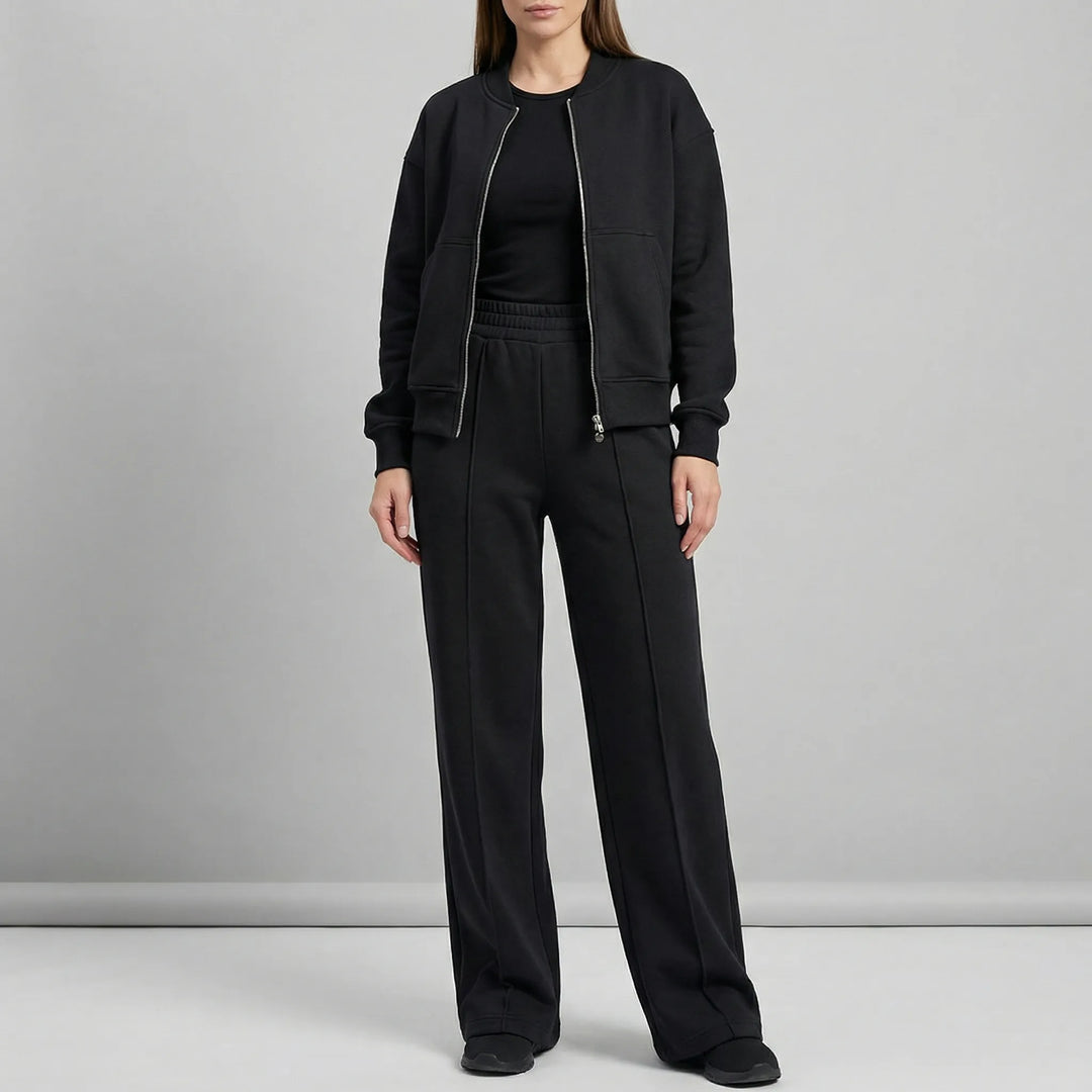 Elegant women's regular fit straight leg trousers set, perfect for casual wear, workwear or travel.