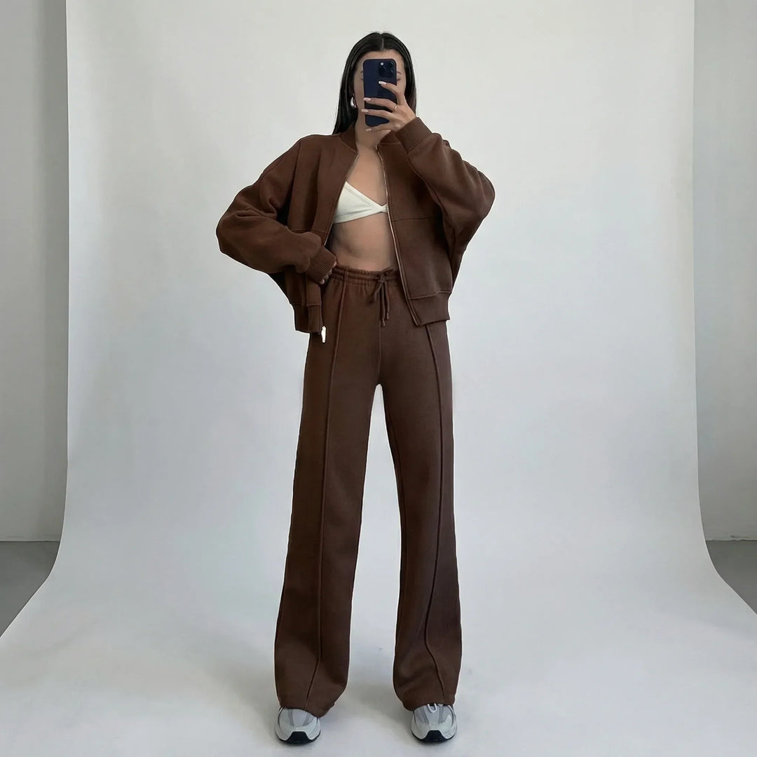 Casual women's Evie two-piece outfit, regular fit straight leg trousers for comfortable everyday style.