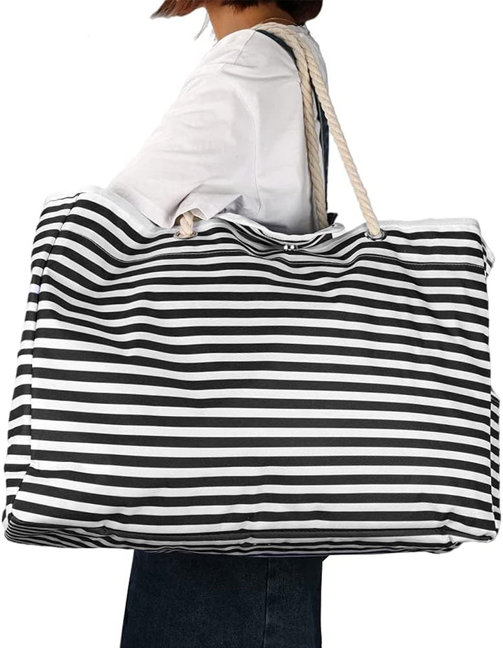 Women's extra large waterproof striped beach tote bag with strong handles.