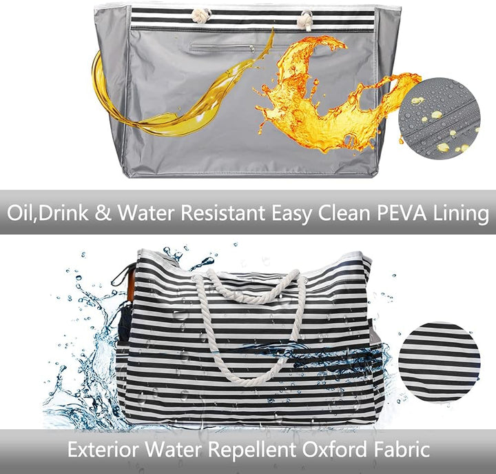 Empty extra large waterproof striped beach tote showing its spacious design & strong structure.
