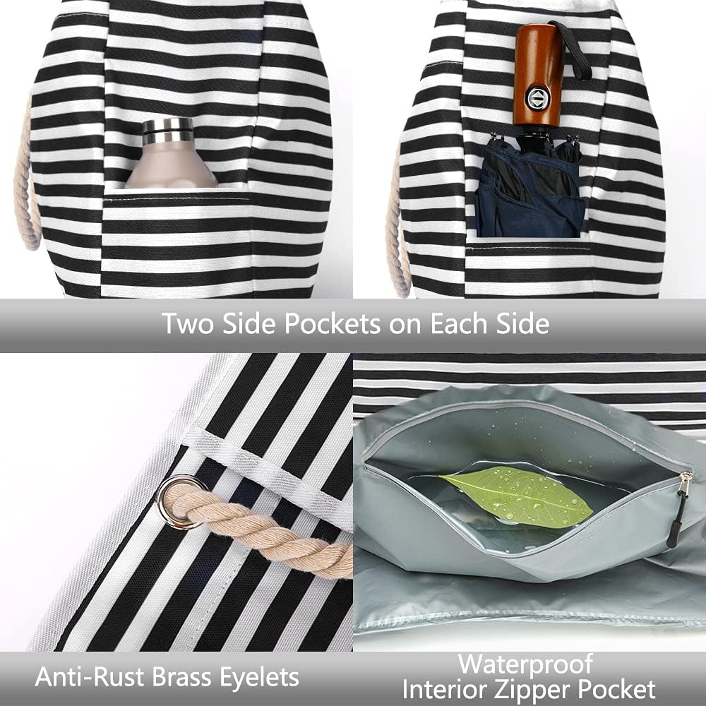 Durable waterproof material of the extra large striped beach tote, ideal for sandy trips.