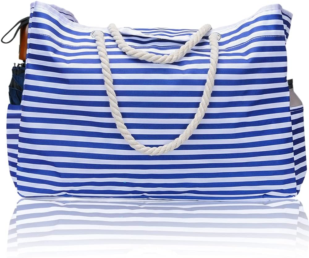 Stylish blue & white striped waterproof beach tote bag, a large capacity summer travel essential.