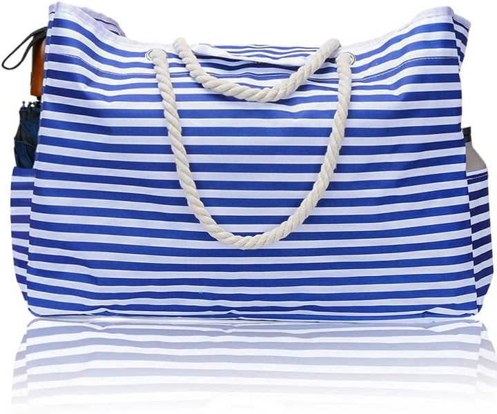 Stylish blue & white striped waterproof beach tote bag, a large capacity summer travel essential.