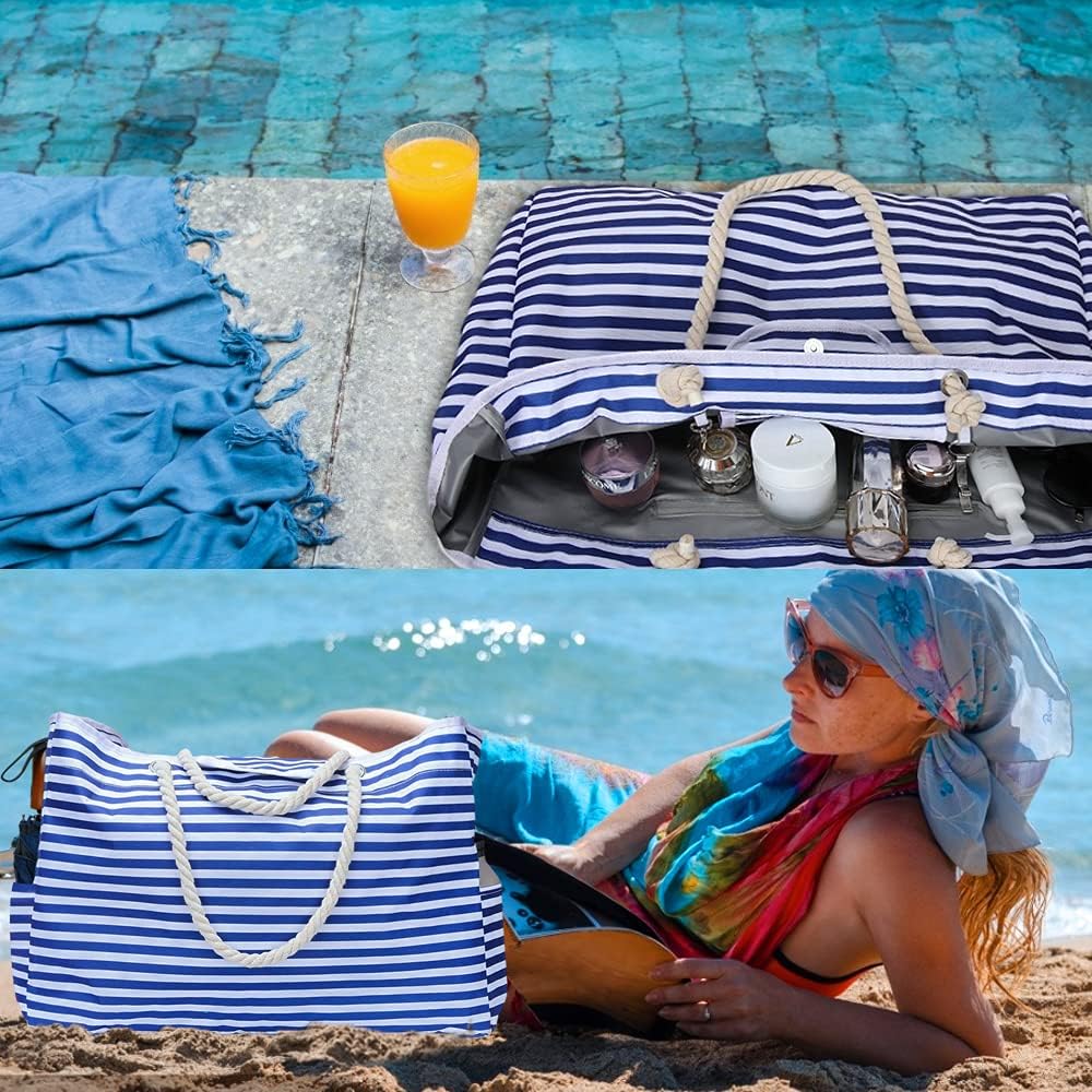 Secure top zipper closure on the women's extra large waterproof beach & travel utility tote.