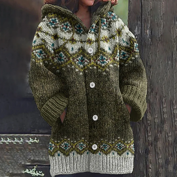 Boho style Women's Fair Isle knit hooded sweater, perfect for seasonal layering during winter.