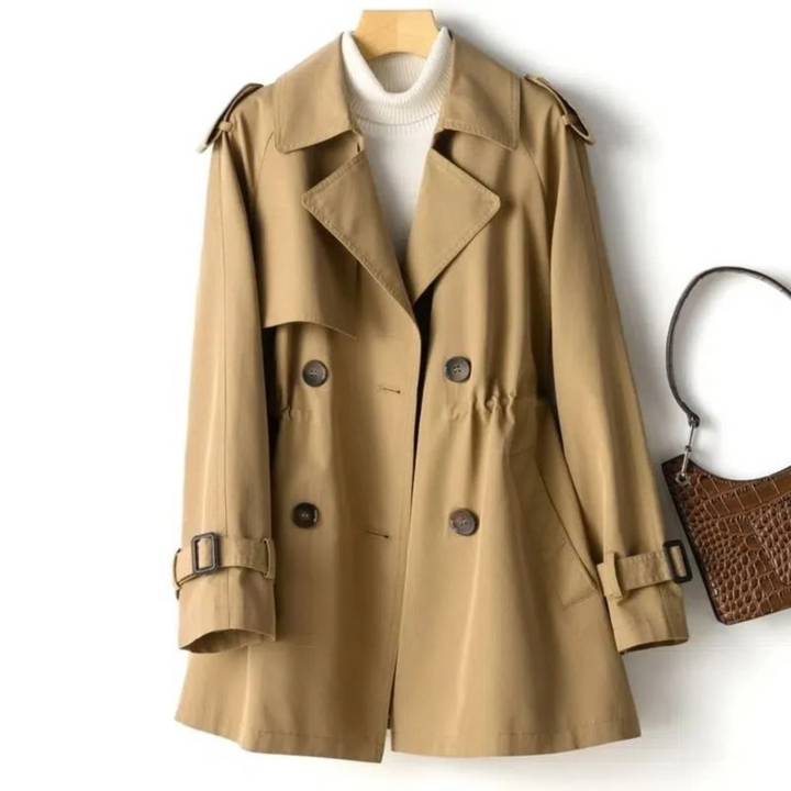 Stylish women's winter coat, double-breasted and belted, a versatile midi jacket