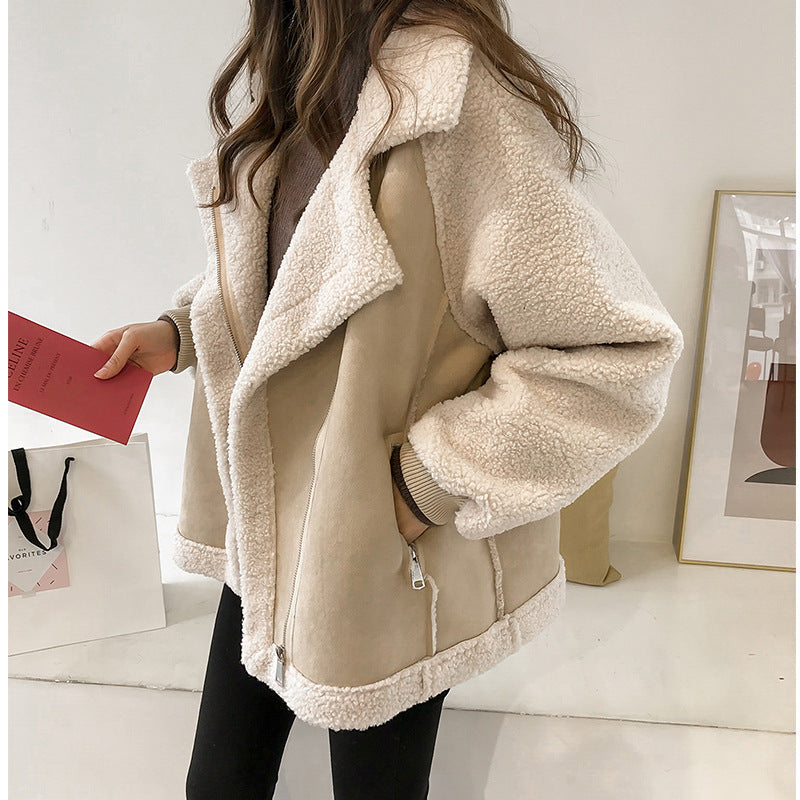 Women's faux shearling oversized winter coat, plush peach fabric, comfortable, and warm