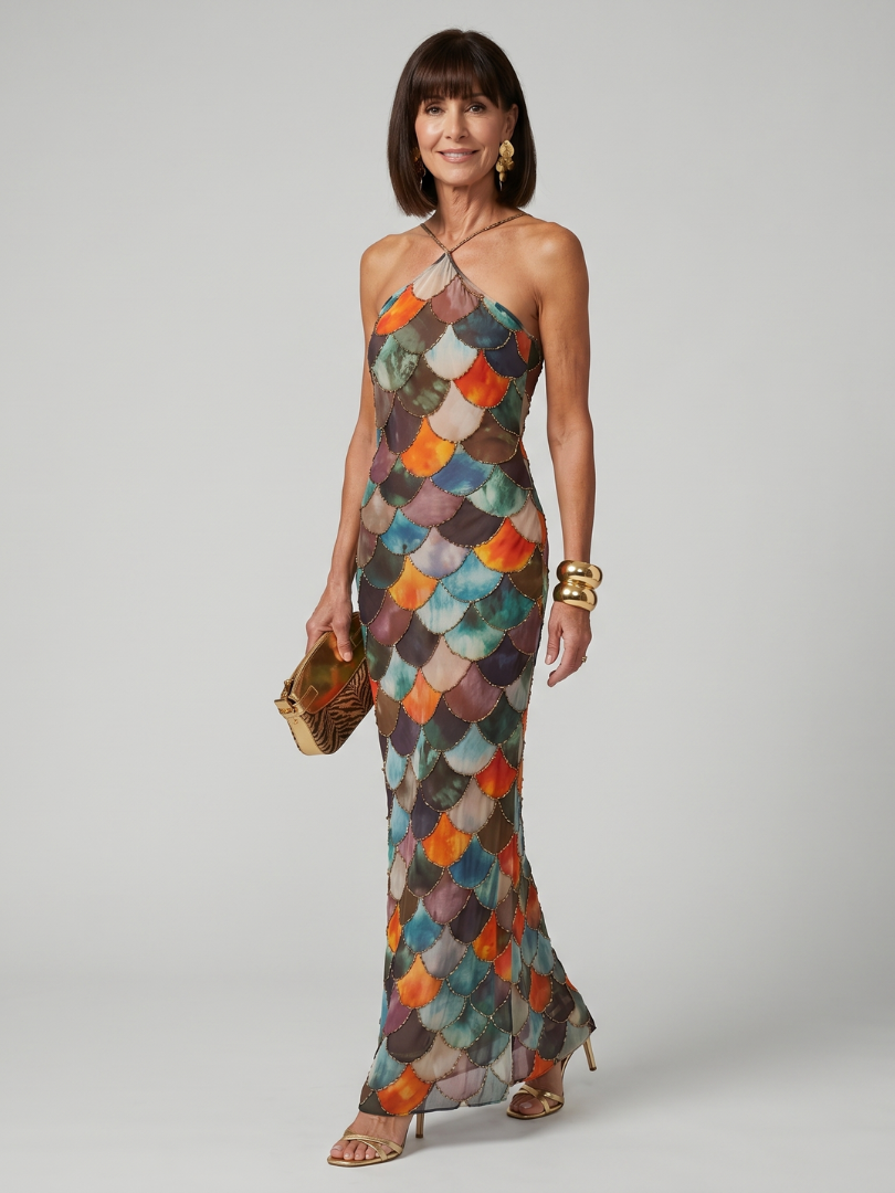 Women's fitted halter maxi dress featuring a vibrant geometric print, tailored for an elegant spring summer look.