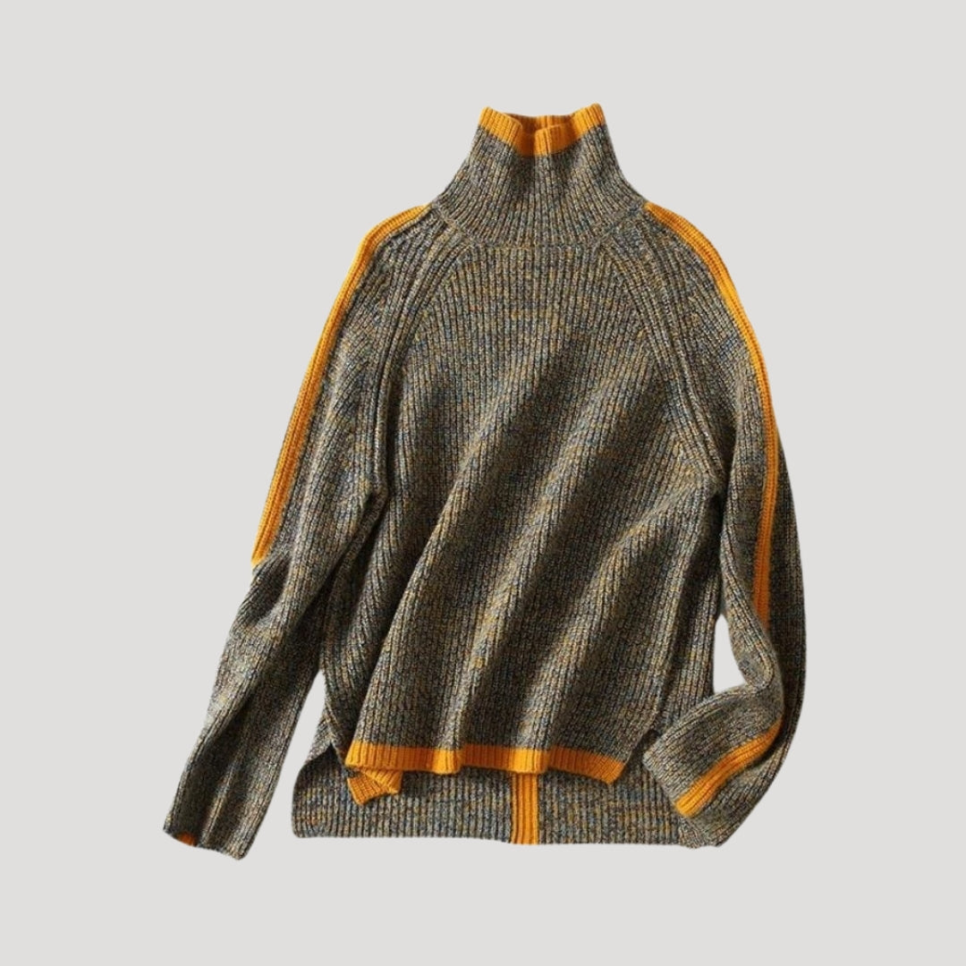 Women's fitted ribbed knit turtleneck sweater in a soft light color, perfect for spring casual chic.
