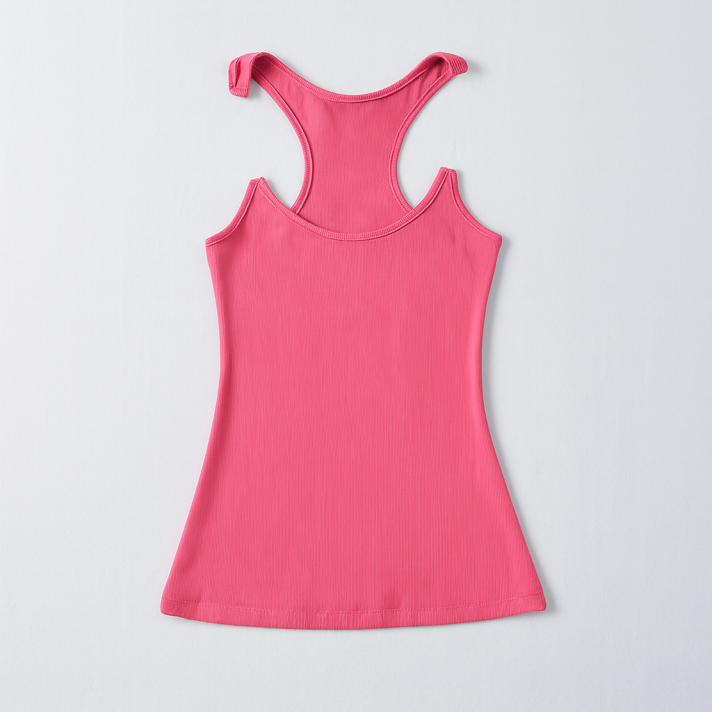 Close-up of a women's fitted sleeveless tank with delicate invisible straps, highlighting its smooth, elegant design.