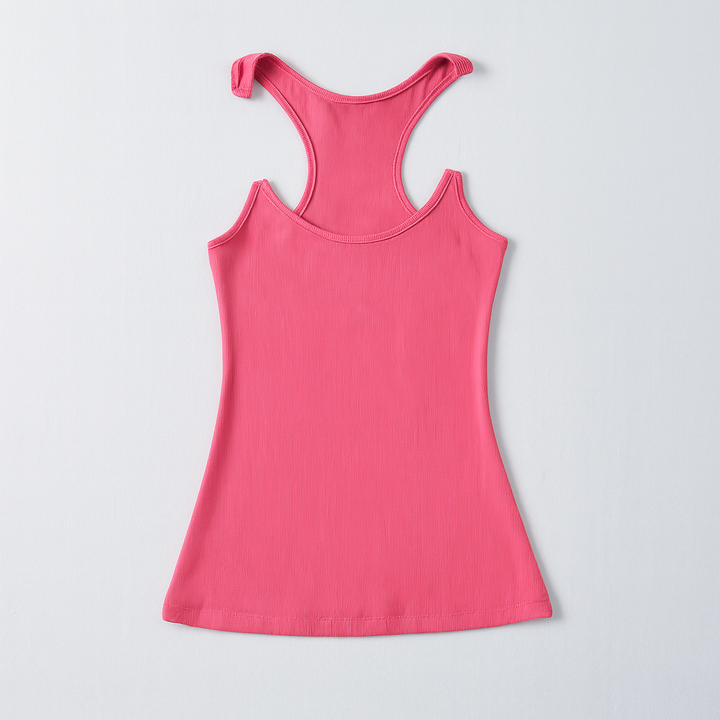 Close-up of a women's fitted sleeveless tank with delicate invisible straps, highlighting its smooth, elegant design.