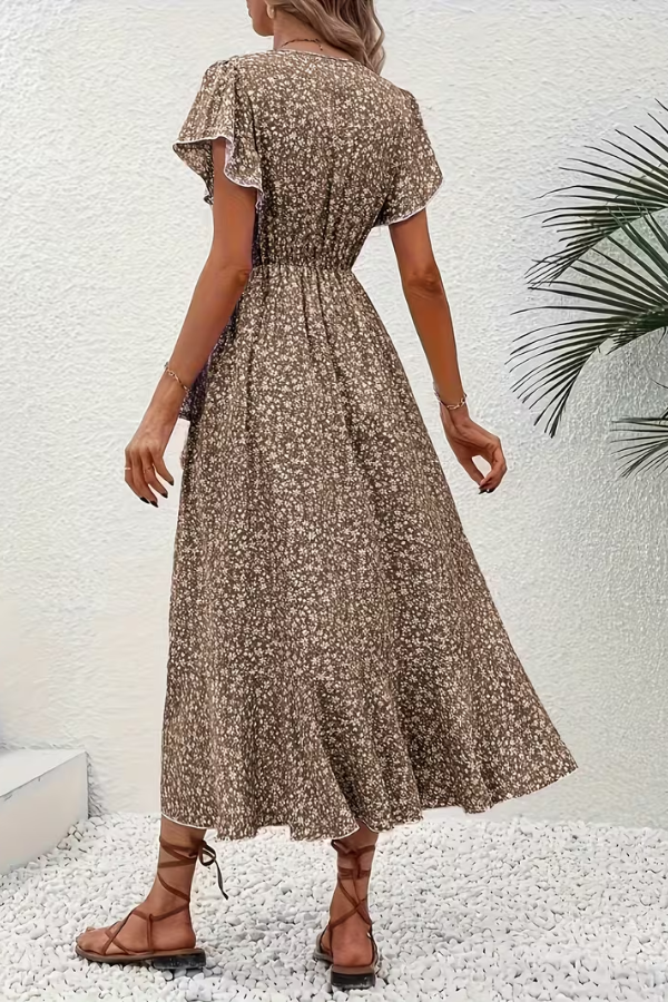 Stylish floral print V-neck summer dress for women, short sleeve, ideal for casual and everyday wear.