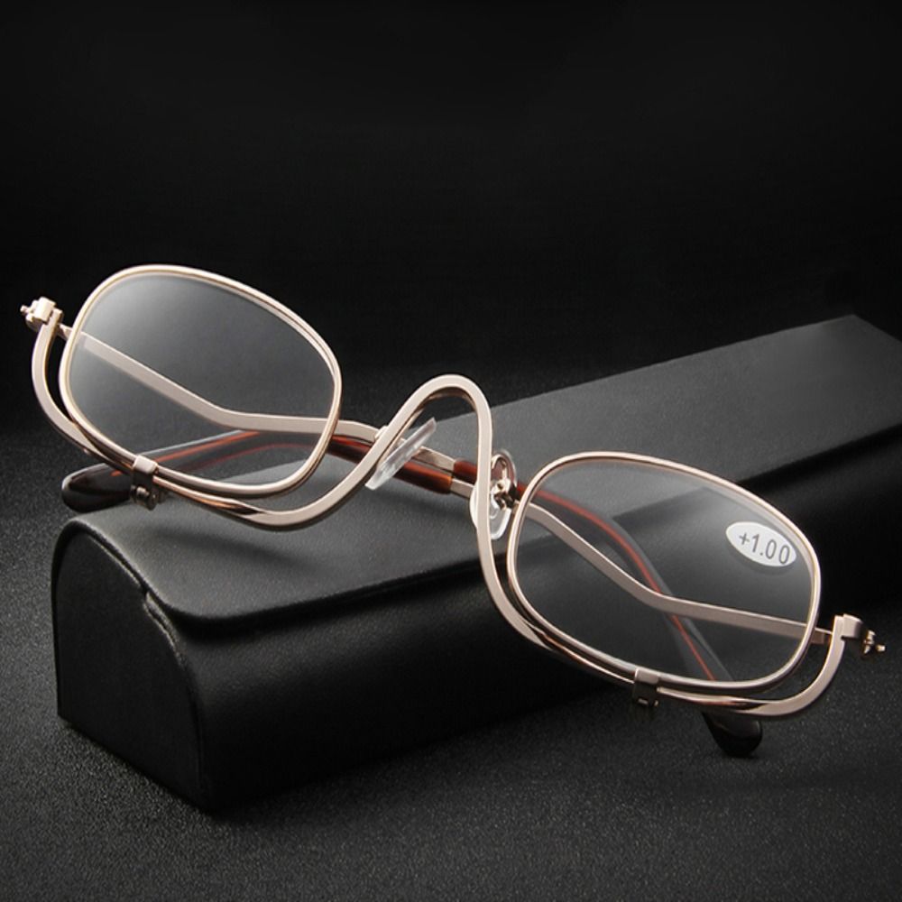 Front view of women's flip-down magnifying makeup glasses, essential beauty accessory for precision.