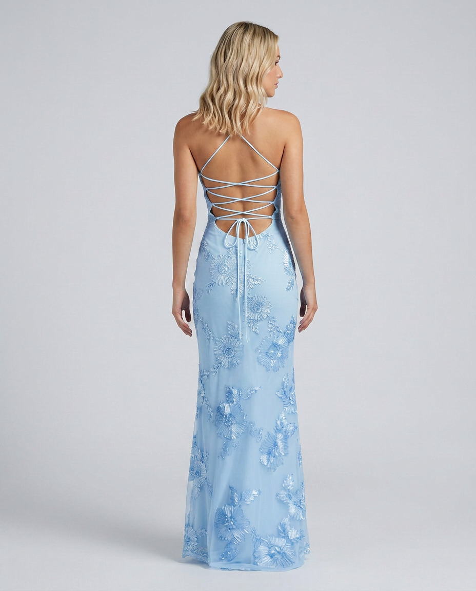Beautiful floral summer party maxi dress for women, boasting an elegant lace-up back detail.