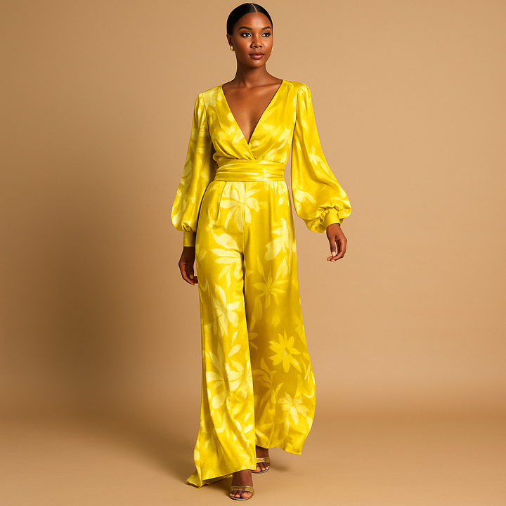 Full-length women's floral maxi dress with elegant balloon sleeves & wrap detail. Perfect V-neck wedding guest attire.
