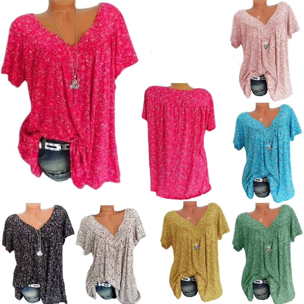 Women's floral boho summer blouse with flutter sleeves and a stylish V-neck.