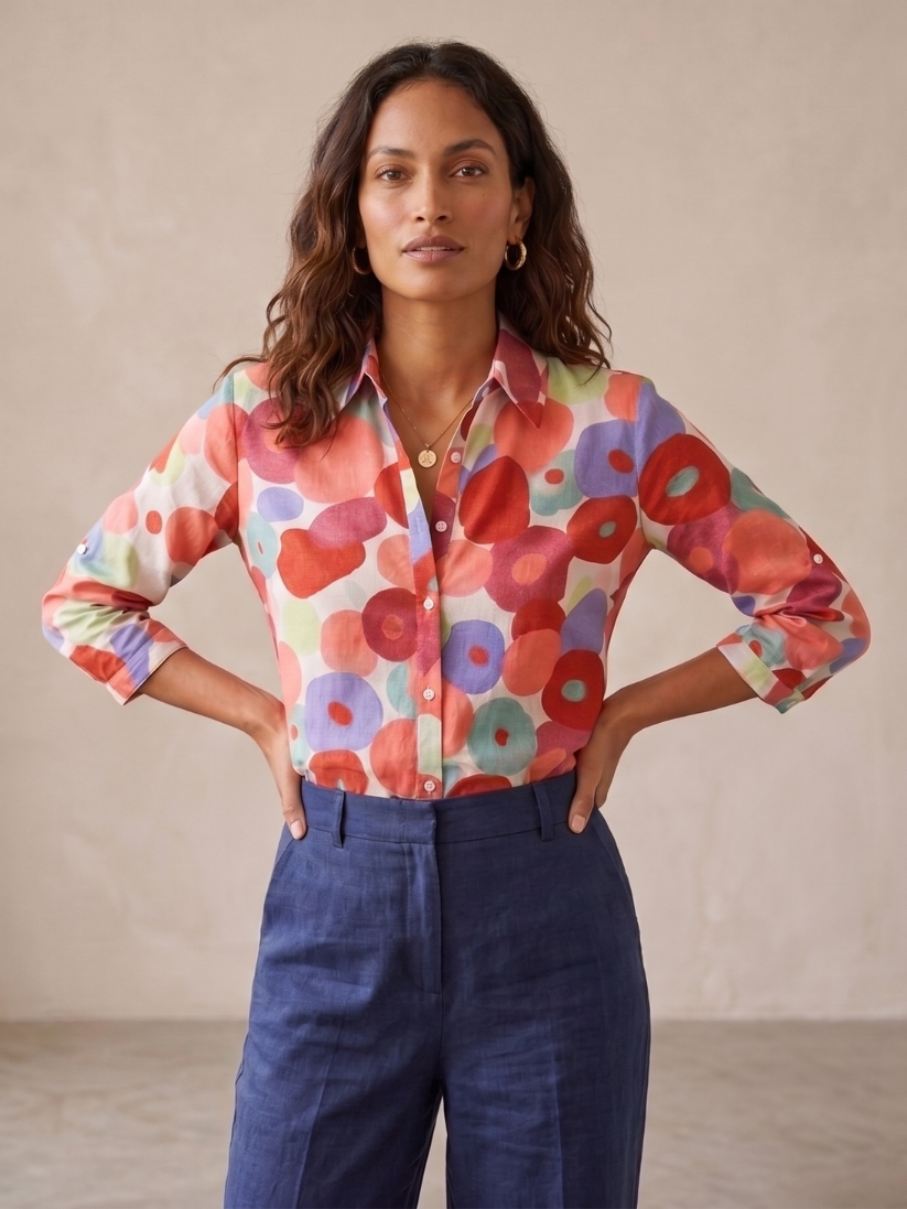 Women's floral button-down blouse with roll-tab sleeves, perfect for casual spring & summer wear. Relaxed fit top.