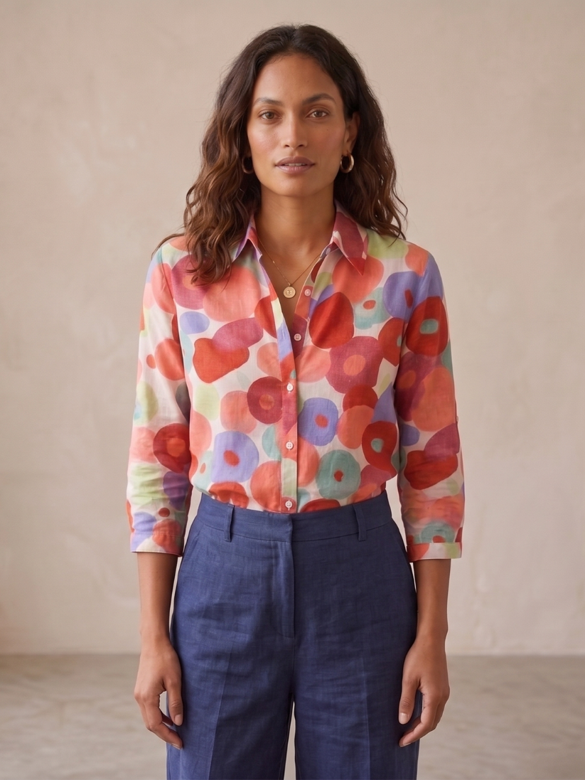 Versatile women's floral button-down blouse with roll-tab sleeves. Comfortable, relaxed fit top for everyday fashion.