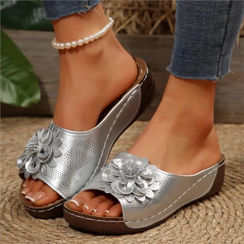 Close up of the floral strap on Women's Comfort Slide Sandals, showcasing craftsmanship and design