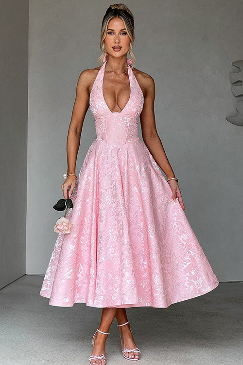 Women's floral corset halter midi wedding guest dress, elegant for special occasions.