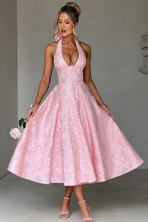Halter neck floral midi dress with a corset top, chic women's party wear.