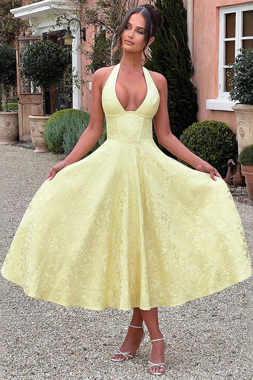 Beautiful floral A-line midi dress, romantic style for wedding guests & summer events.