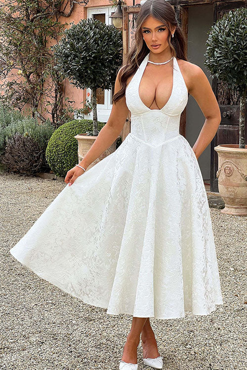 Formal floral corset halter midi dress, sophisticated choice for evening occasions.