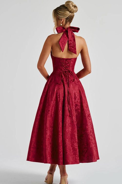 Beautiful floral print midi dress, corset halter design, great for formal gatherings.